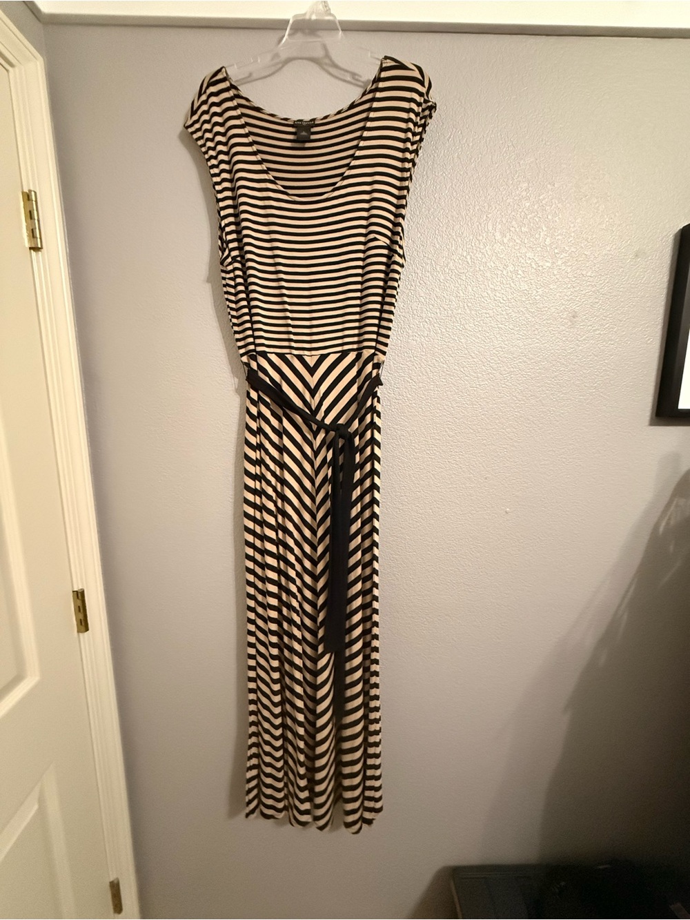 Ann Taylor Striped Black and Tan Maxi Dress with Waist Tie
